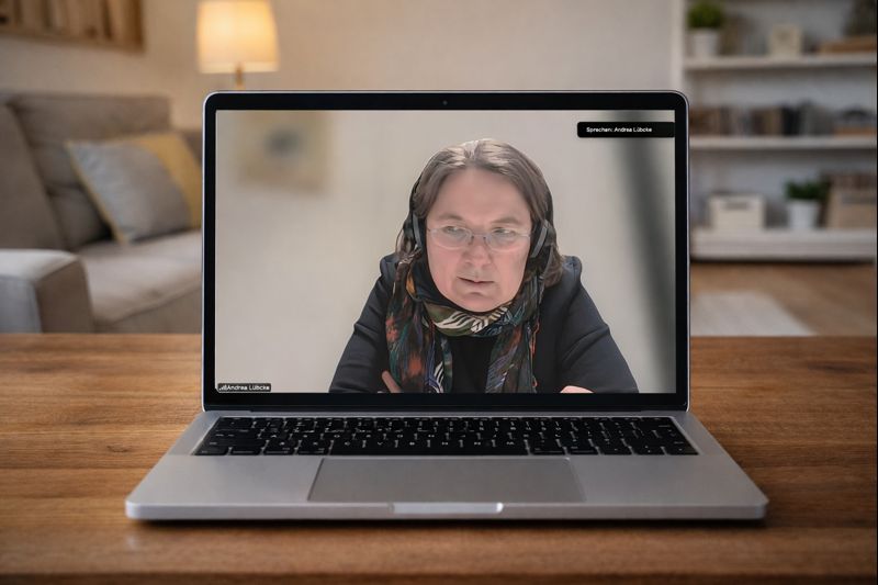 ufgeklapptes Notebook auf einem Holztisch im Wohnzimmer. Auf dem Bildschirm ist eine Videokonferenz zu sehen, in der eine Frau mit Headset und Brille spricht; eingeblendeter Name: „Andrea Lübcke“. Im Hintergrund sind Sofa, Lampe und Regal unscharf zu erkennen.