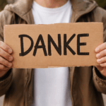 Danke Schild aus Pappe welches sich ein junger Mensch vor die Brust hält